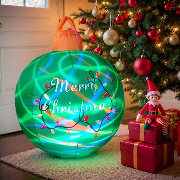 Opblaasbare en lichtgevende LED Kerstbal (D90 cm) Merry Christmas Groen