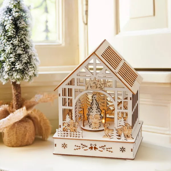 Village de No�l en bois lumineux, musical et anim� � piles (18 x 24 cm) Jardin d�hiver