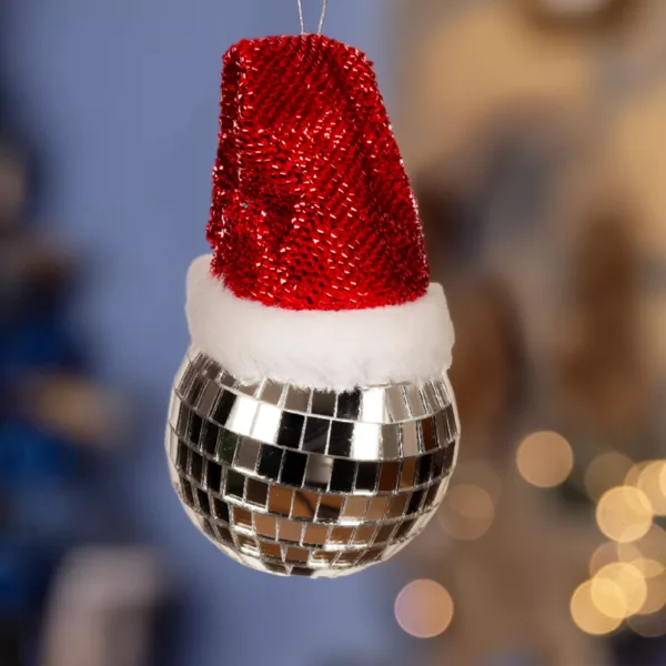Weihnachtskugel (D80 mm) Disco-Facette mit Weihnachtsmannm�tze Silber