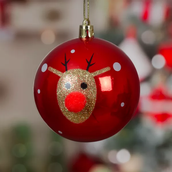 Set van 12 Kerstballen (D80 mm) Rendier Clown glitter Rood en goud