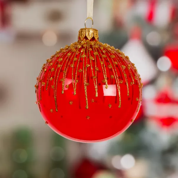 S�t med 6 julekugler i glas (D80 mm) Frosted Flower R�d