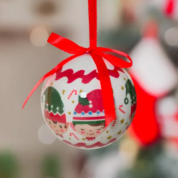 Set von 7 Weihnachtskugeln (D60 mm) Kleine Weihnachtswichtel Wei� und Rot