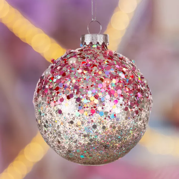 Set di 3 palline di Natale in vetro (D80 mm) Glitterate Rosa