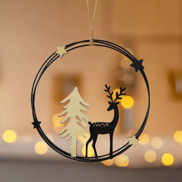 Adorno de Navidad colgante de metal (D18 cm) Reno chic Negro y dorado