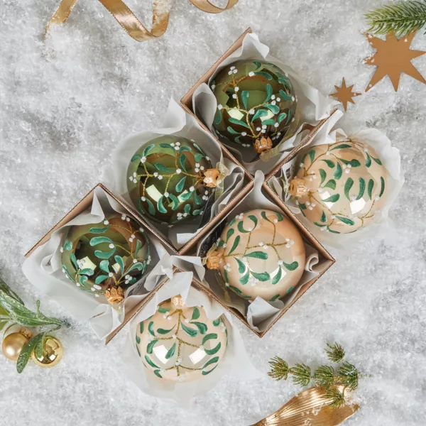 6er set Weihnachtskugeln aus Glas (D80 mm) Fleurs de gui Gr�n