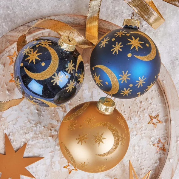 S�t med 12 glaskugler til jul (D80 mm) Moon M�rkebl� og guld