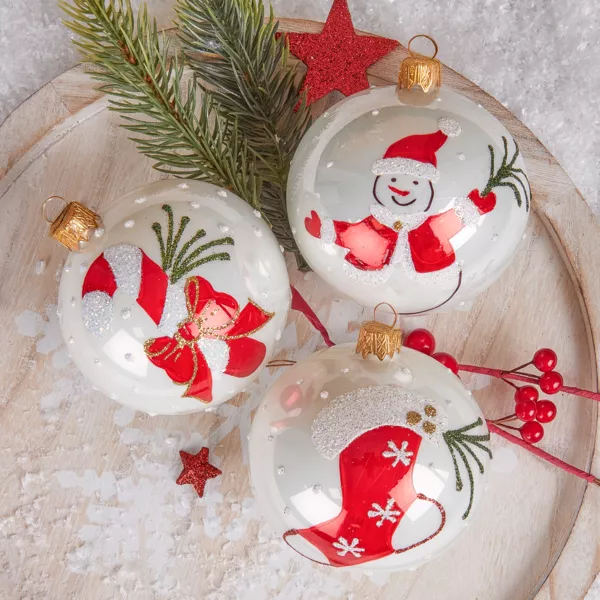 S�t med 12 julekugler i glas (D80 mm) Traditionel Jul Hvid perlemor