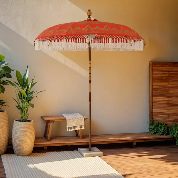 Runder Garten-Sonnenschirm mit Fransen (D2 m) Jaipur Rot und Goldverzierung