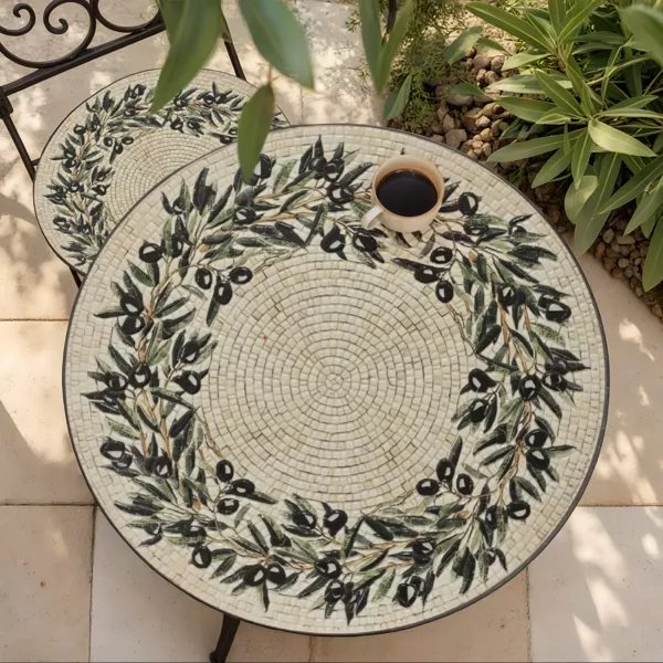 Mesa bistr� redonda plegable de mosaico (D58 cm) Atenas Beige