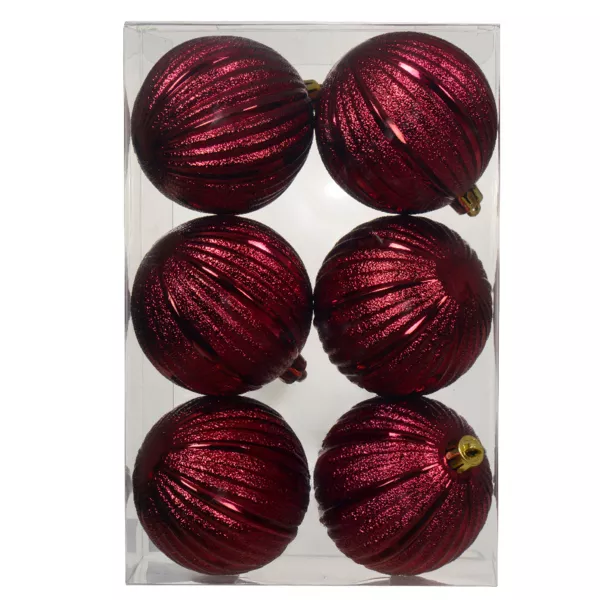 S�t med 6 Julekugler (D80 mm) Glitter Bordeaux