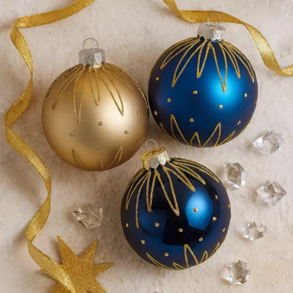 S�t med 12 julekugler i glas (D80 mm) Midnats Skatte M�rkebl� og guld