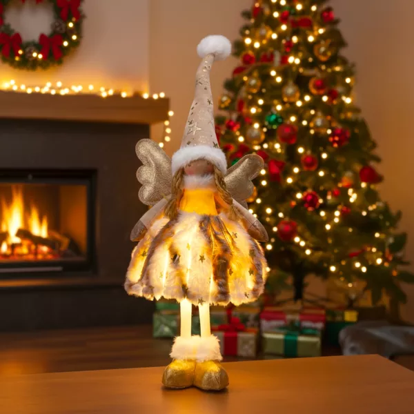 Angelo di Natale luminoso a pile (H50 cm) Gladys pelliccia Dorato