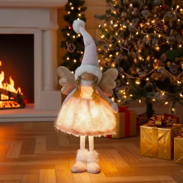 Lichtgevende op batterijen werkende Kerstengel (H50 cm) Gladys roze jurk