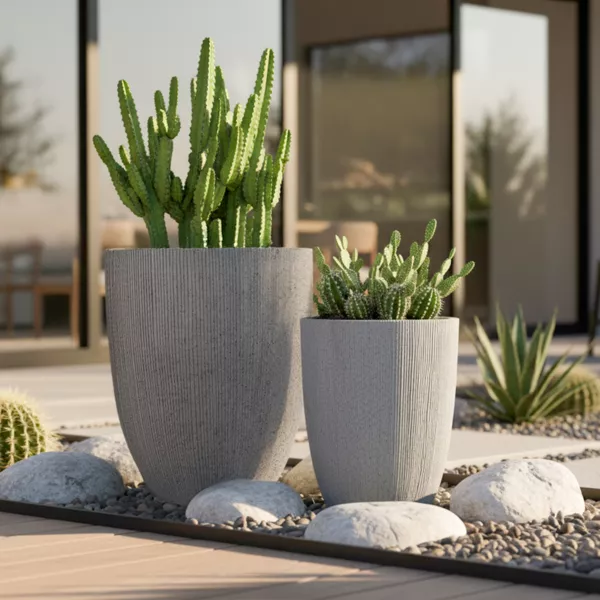 Lot de 2 cache-pots d'ext�rieur (H57-48 cm) Lennox stri� Gris clair