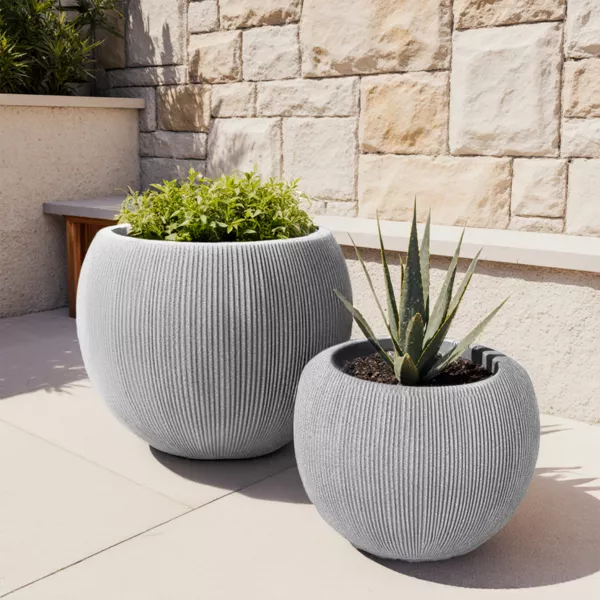 Set van 2 ronde buitenplantenbakken (H41-30 cm) Lennox gestreept Lichtgrijs