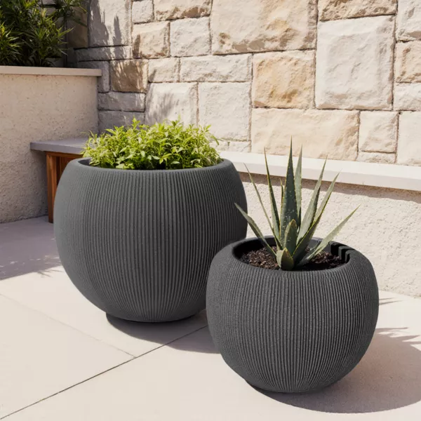 Set van 2 ronde buitenplantenbakken (H41-30 cm) Lennox gestreept Antracietgrijs