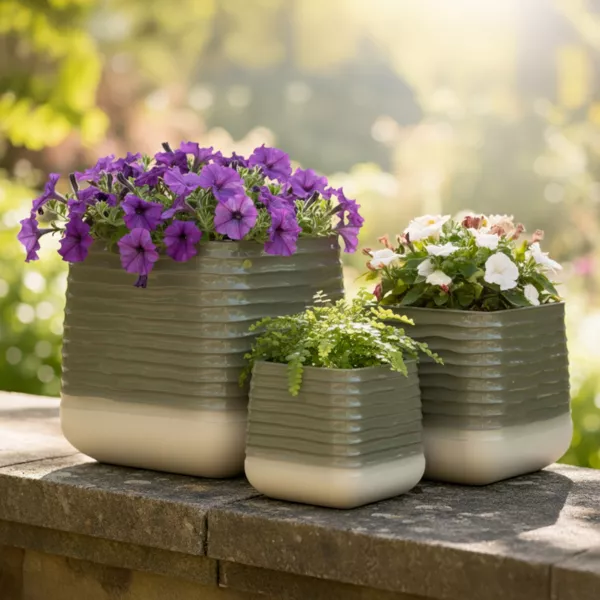 Set de 3 maceteros cuadrados para exterior (H49-37-27 cm) Jamie Gris y beige