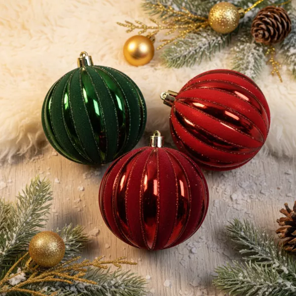 Lote de 12 bolas de Navidad (D80 mm) Terciopelo con purpurina Rojo y verde