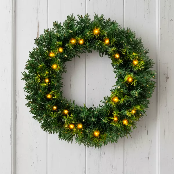 Julekrans med lys (D60 cm) Royal gr�n og varm hvid