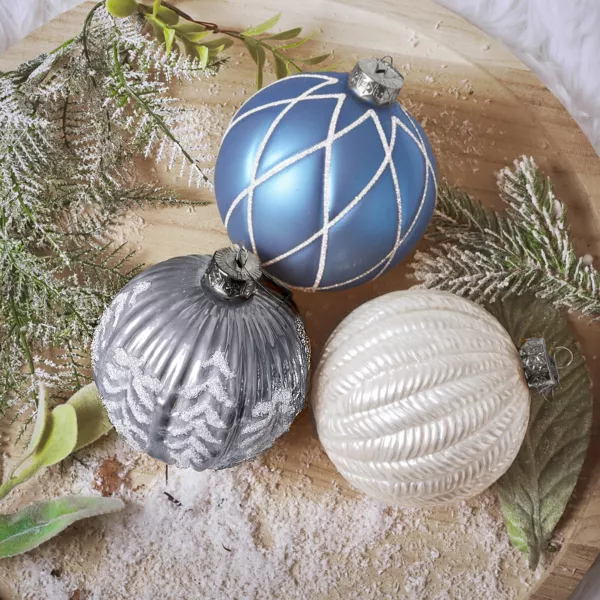 Lot de 12 boules de No�l en verre (D100 mm) R�verie Bleu ciel, blanc et gris