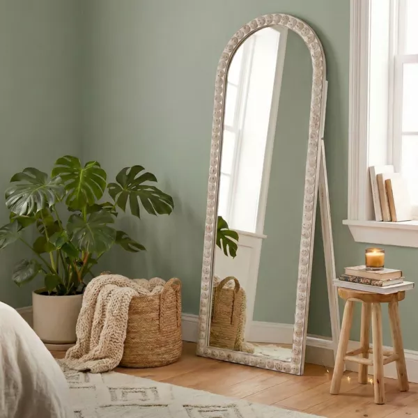 Grote staande spiegel met houten frame (174 cm) Saguara Wit