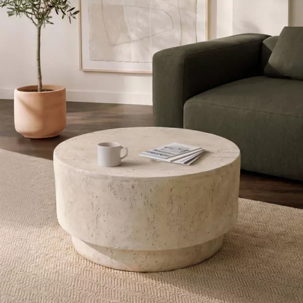 Bijzettafel rond geoxideerd magnesium (H42 cm) Pliazi Travertijn look