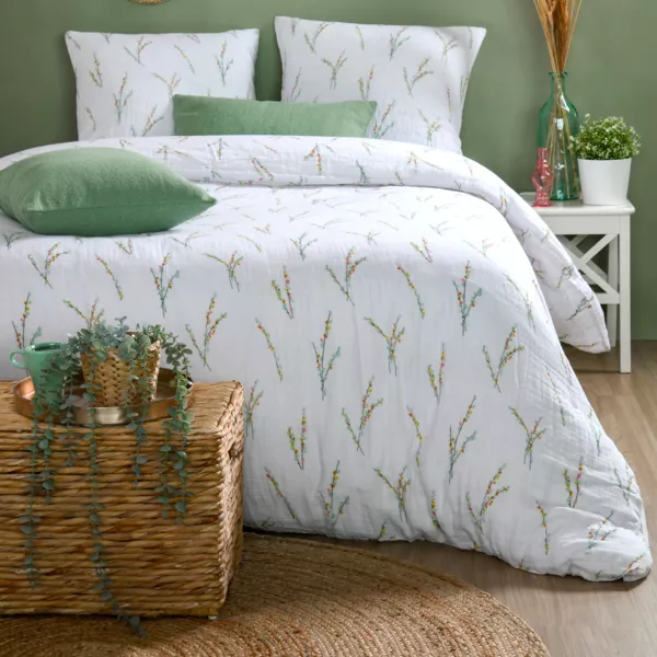 Housse de couette et deux taies d'oreiller gaze de coton (240 x 220 cm) Fleolia Multicolore