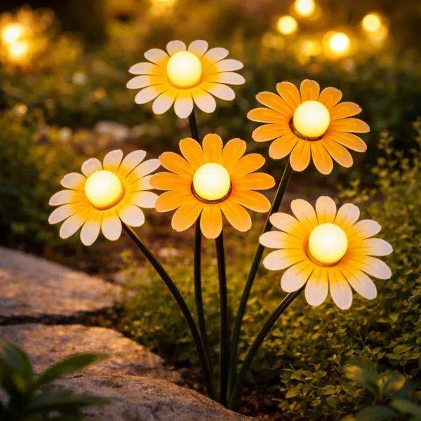 Decoraci�n luminosa Solar para clavar en el suelo (H60 cm) Margaritas Amarillo y blanco c�lido