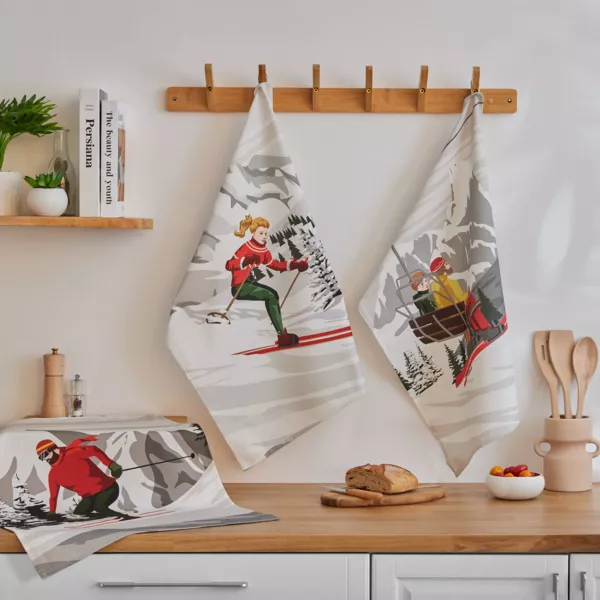 Lote de 3 pa�os de cocina de algod�n (50 x 70 cm) Skis Multicolor