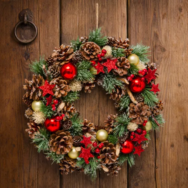 Couronne de No�l (D35 cm) Houx baies et �toiles