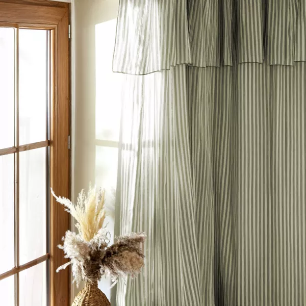 Cortina de gasa de algod�n ajustable (140 x m�ximo 180 cm) Ga�a rayas Verde eucalipto