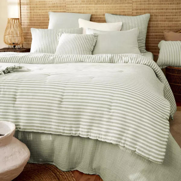 Baumwoll-Gaze Bettdecke (90 x 200 cm) Ga�a Streifen Eukalyptusgr�n