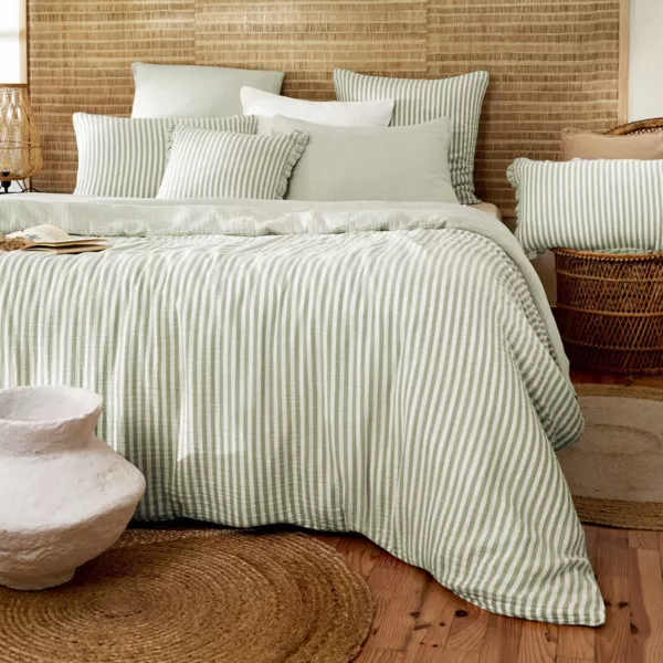 Housse de couette gaze de coton (280 x 240 cm) Ga�a rayures Vert eucalyptus 