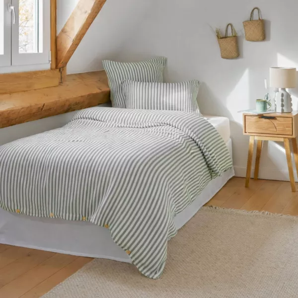 Housse de couette gaze de coton (140 x 200 cm) Ga�a rayures Vert eucalyptus 