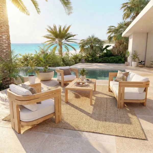 Salon de jardin en bois teck 4 places 4 pcs Zanzibar �cru