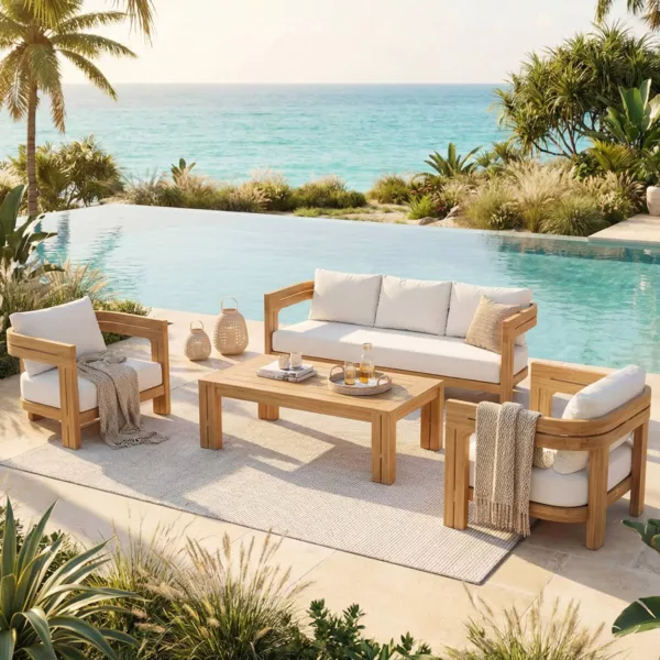 Salon de jardin en bois teck 5 places 4 pcs Zanzibar �cru