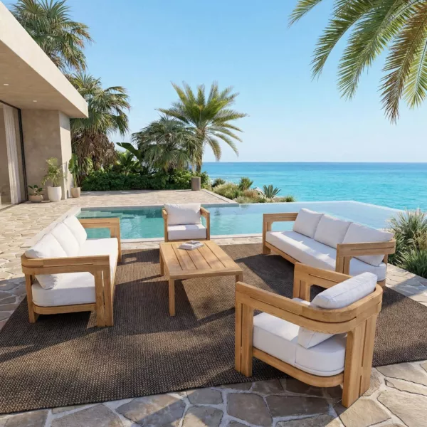 Salon de jardin en bois teck 8 places 5 pcs Zanzibar �cru