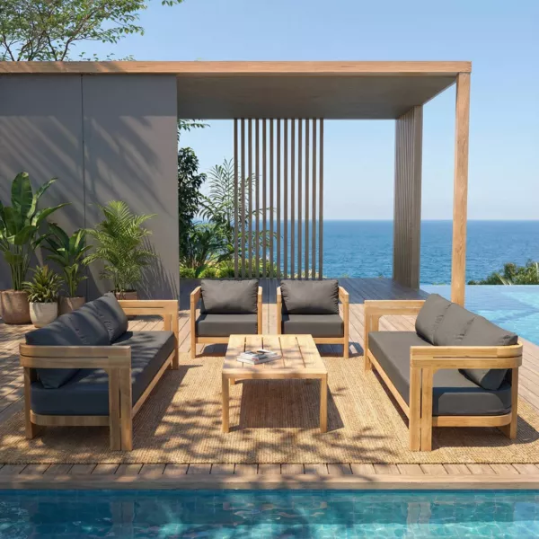 Salon de jardin en bois teck 8 places 5 pcs Zanzibar Gris anthracite