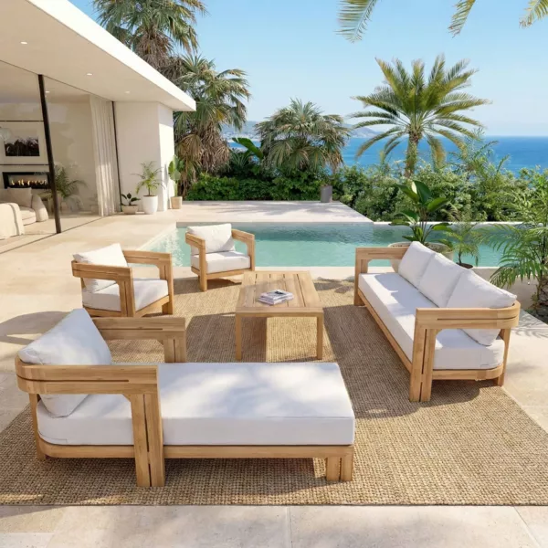 Salon de jardin en bois teck 5 places et m�ridienne Zanzibar �cru