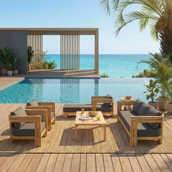 Salon de jardin en bois teck 5 places et m�ridienne Zanzibar Gris anthracite