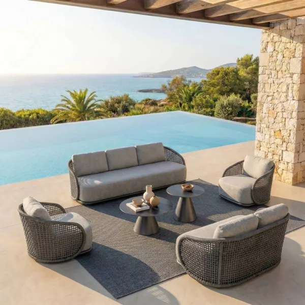 Conjunto de jard�n efecto rat�n y aluminio 7 plazas 6 piezas Riviera Gris granito