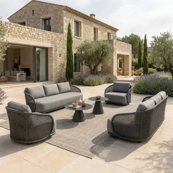 Salon de jardin effet rotin et aluminium 8 places 6 pcs Riviera Gris anthracite