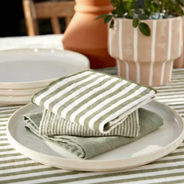 Lot de 3 serviettes gaze de coton (40 x 40 cm) Ga�a rayures Vert eucalyptus