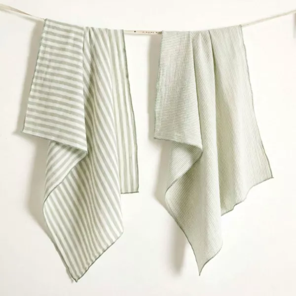 Set van 2 handdoeken van katoenen gaas (50 x 70 cm) Ga�a strepen Eucalyptus groen