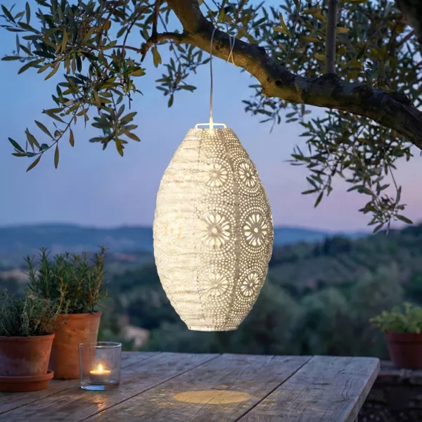 Solar-H�ngelampe f�r den Garten (H38 cm) Durchbrochene Laterne Wei�
