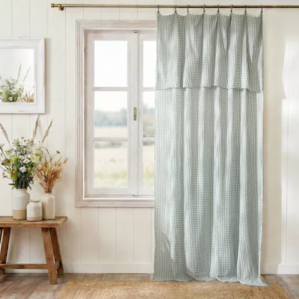 Rideau gaze de coton ajustable (140 x max 300 cm) Ga�a vichy Vert eucalyptus