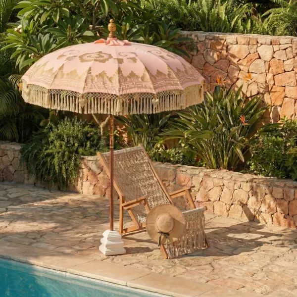 Parasol de jardin rond � franges (D2 m) Jaipur Beige ros� et dorure
