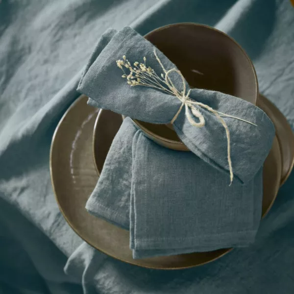 Set aus 3 Leinen-Servietten (40 x 40 cm) Louise Azurblau