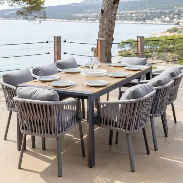 Table de jardin extensible en aluminium 12 places (195/247/300 x 96 cm) Amalfi Gris anthracite et bois