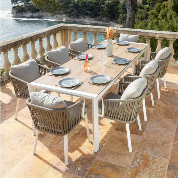 Table de jardin extensible en aluminium 10 places (180/240 x 96 cm) Amalfi Blanc et bois